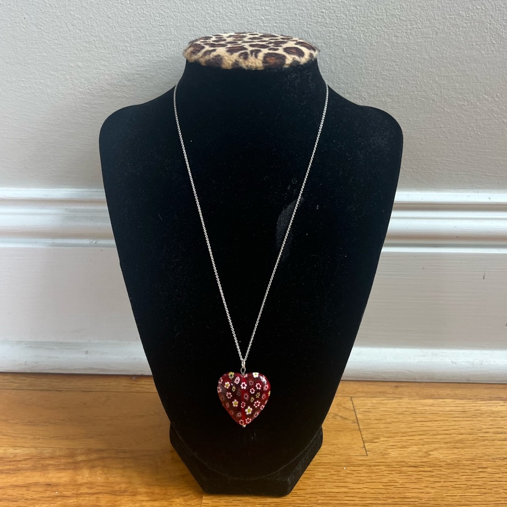 Red Heart Pendant Necklace With Small Flowers